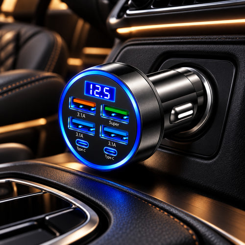Product image: 6-in-1 Fast Charging Car Adapter with Digital Display