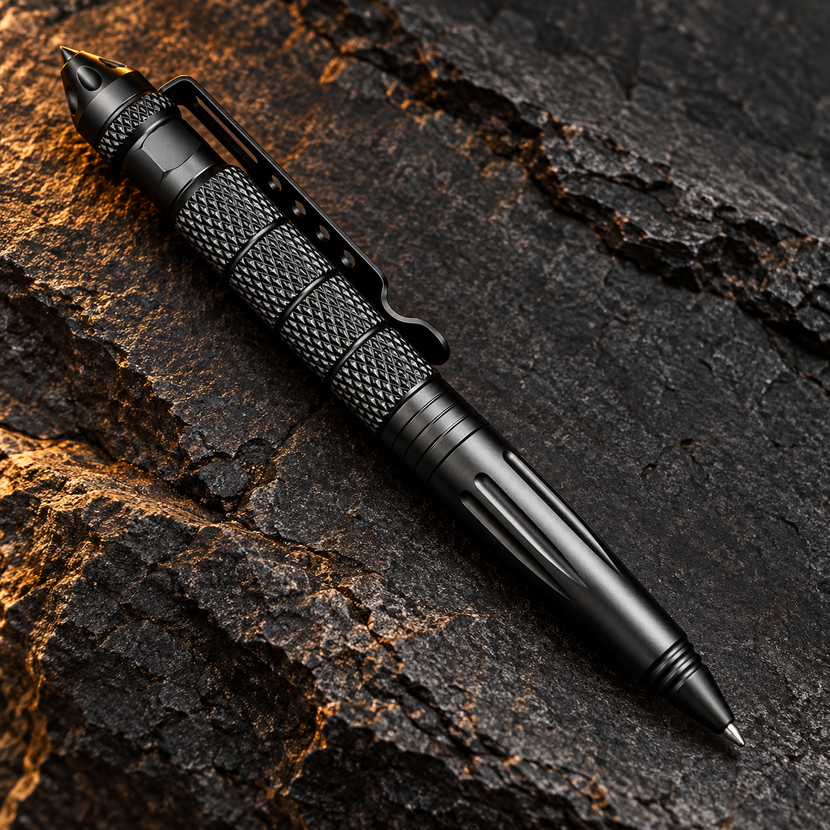 Black aluminum tactical EDC pen with knurled grip and pocket clip on charcoal stone