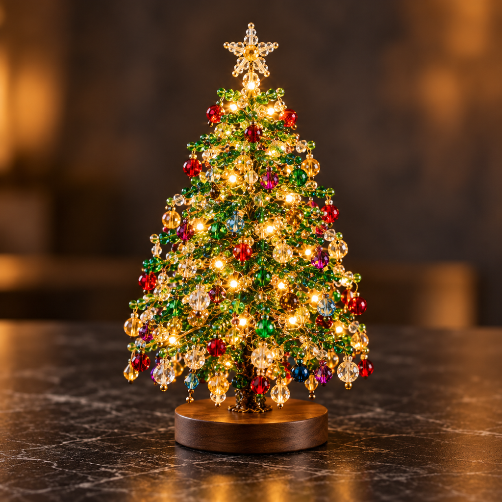 Finished beaded holiday tree with warm LED lights on a dark background