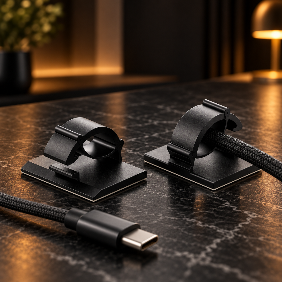 Black self-adhesive cable organizer clips on a dark desk with a cable secured in place