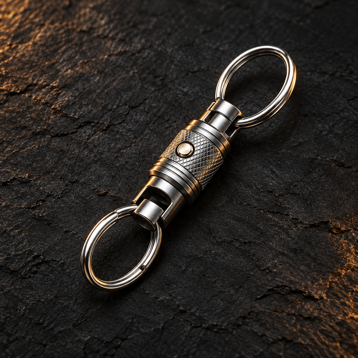 Titanium-alloy quick-release keychain connector with two rings on a charcoal background