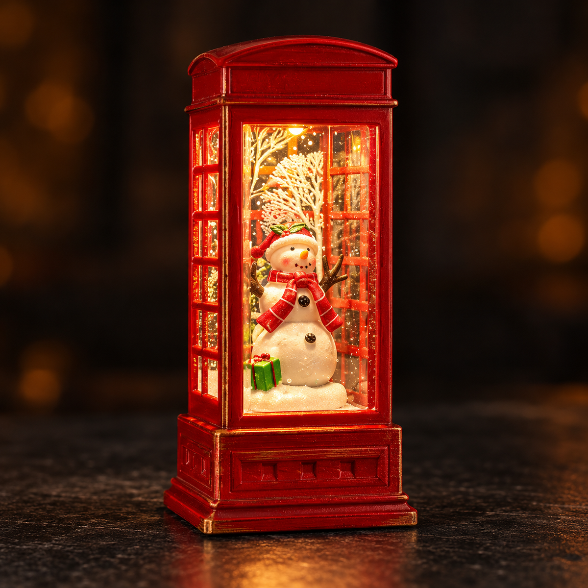Lighted red Christmas telephone booth decoration with snowman on a dark background