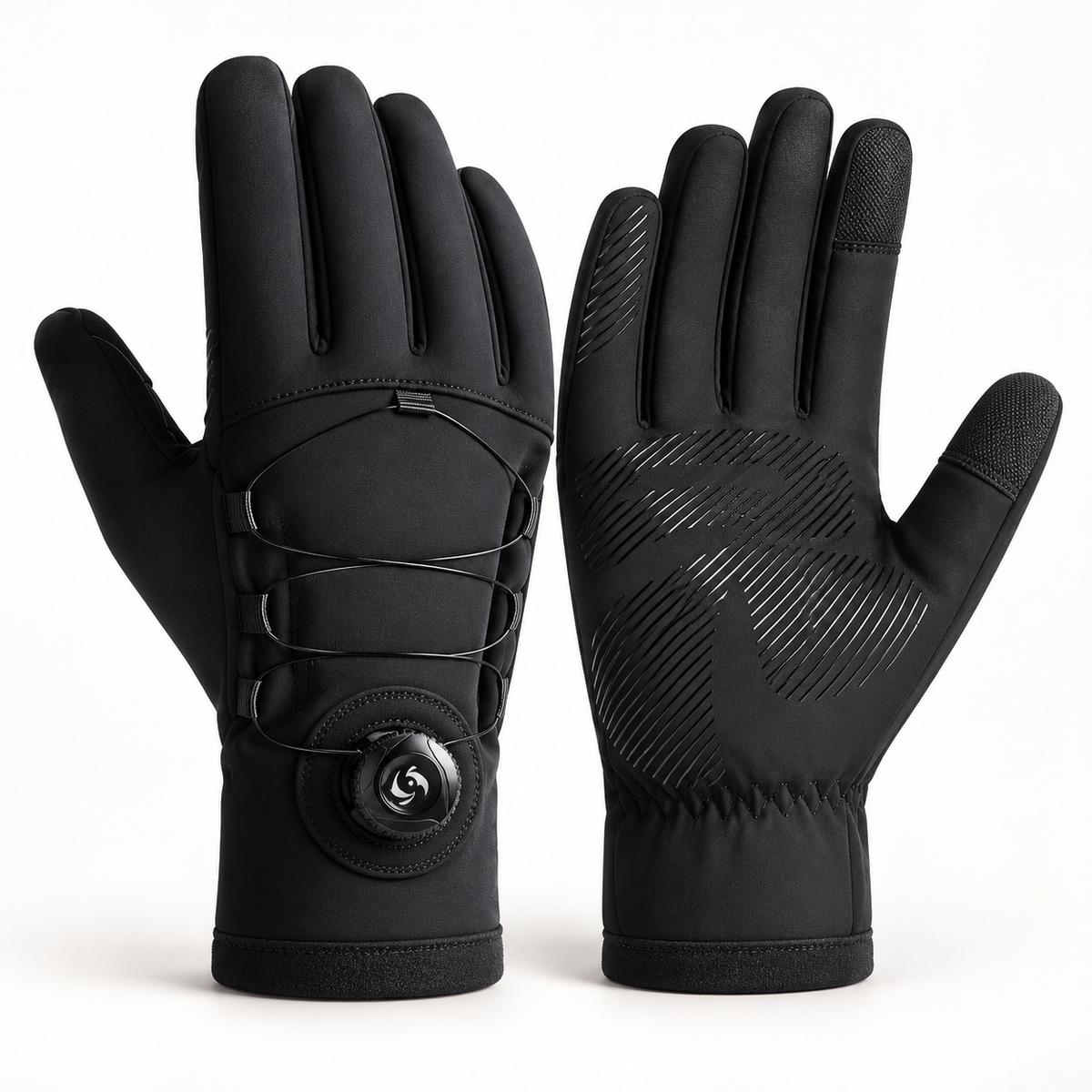 Black full-finger winter cycling gloves, front and textured palm